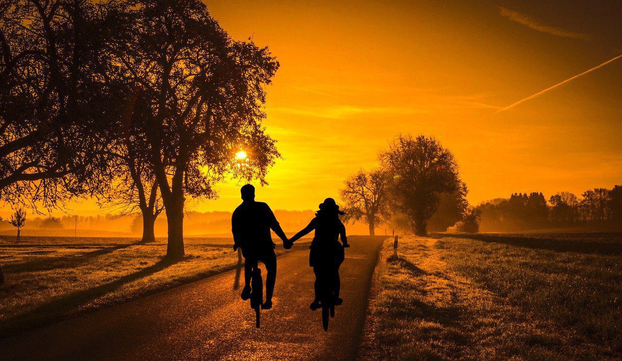 sunset, couple, bicycle